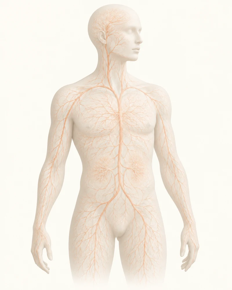 A softly rendered illustration of vascular networks throughout the body
