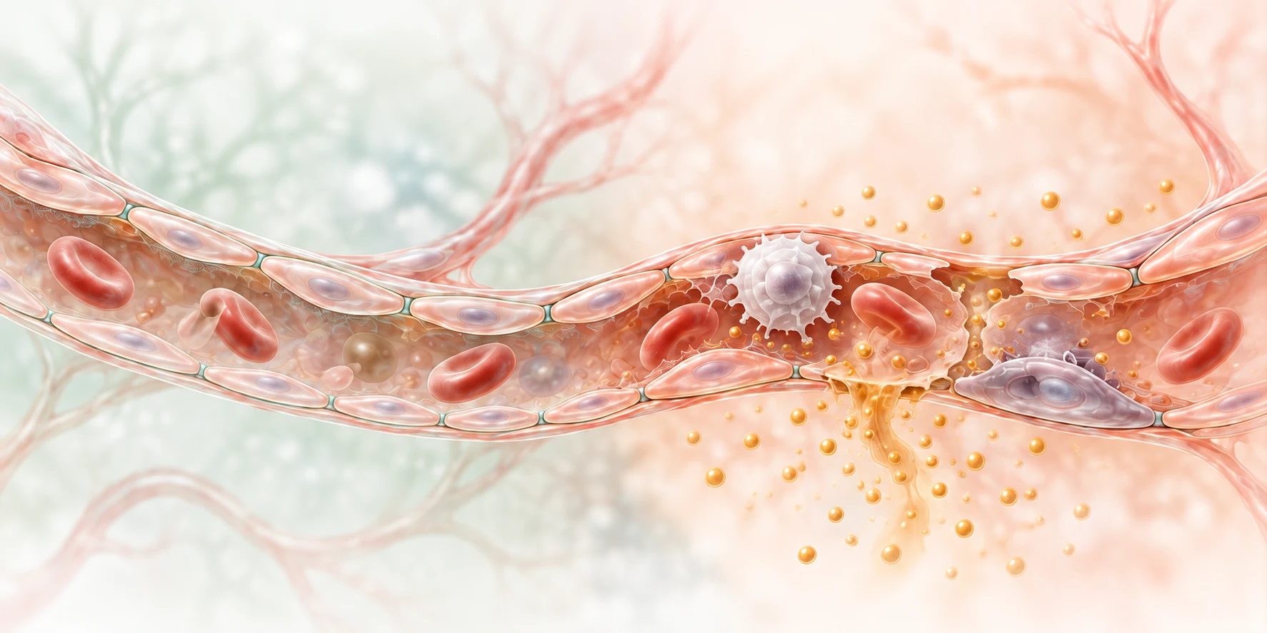 Continuous microvessel comparing intact endothelium on the left with junction damage, leakage and leukocyte adhesion on the right